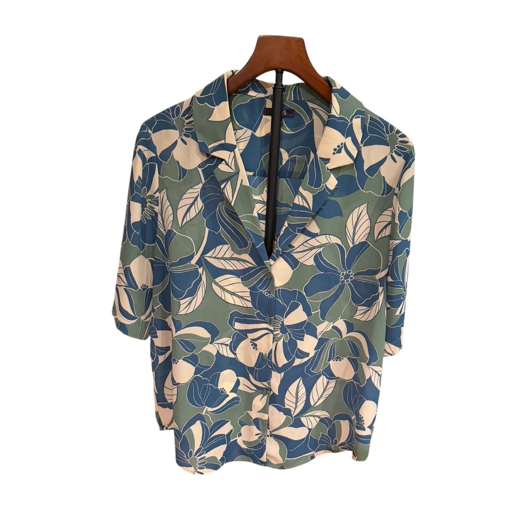 NYDJ Women Large Floral Camp Shirt Short Sleeve Button Down Teal Blue Tropical